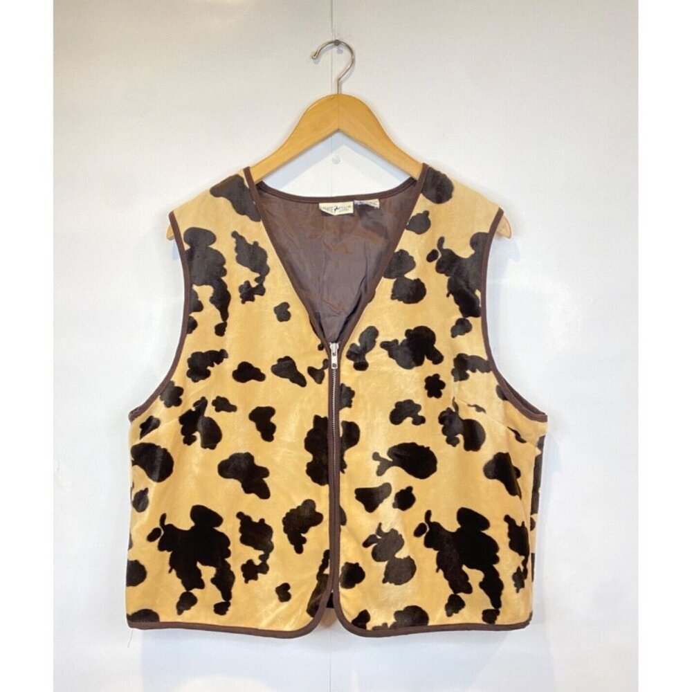 White Stag Brown Cow Print Sleeveless Vest Zip Up Faux Fur VTG Y2K Cowboy Large